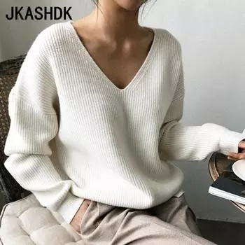 JKASHDK Женская мода Повседневный Осень Зима Однотонный Принт Длинный Рукав V-образный Вырез Свитера one-size-fits-all синий