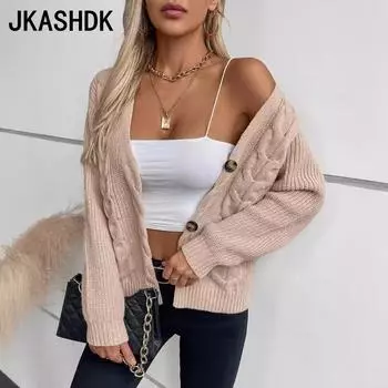 JKASHDK Женская мода Повседневный Осень Зима Однотонный Принт Длинный Рукав V-образный Вырез Свитера S хаки