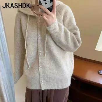 JKASHDK Женская мода Повседневный Осень Зима Однотонный Принт Длинный Рукав С Капюшоном Свитер One size fits all фиолетовый