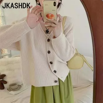 JKASHDK Женская мода Повседневный Осень Зима Однотонный Принт Длинный Рукав V-образный Вырез Свитера One size fits all хаки