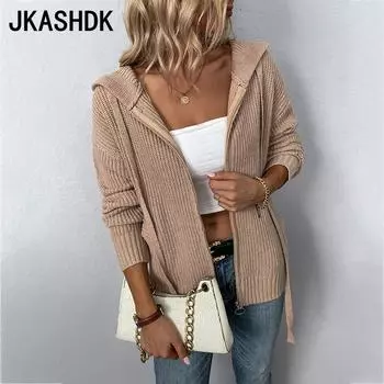 JKASHDK Женская мода Повседневный Осень Зима Однотонный Принт Длинный Рукав С Капюшоном Свитер S серый