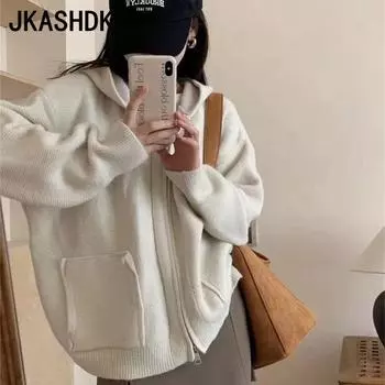 JKASHDK Женская мода Повседневный Осень Зима Однотонный Принт Длинный Рукав С Капюшоном Свитер Average code серый