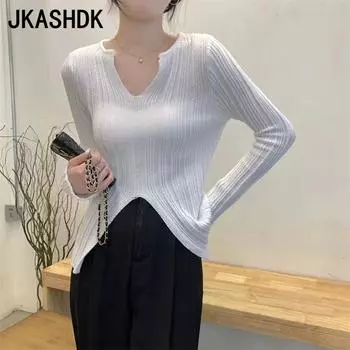 JKASHDK Женская мода Повседневный Осень Зима Однотонный Принт Длинный Рукав V-образный Вырез Свитера Junma белый