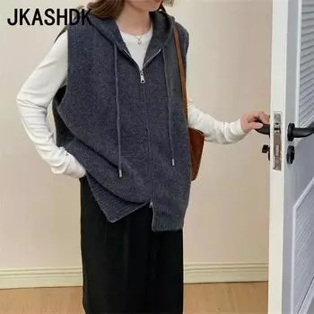 JKASHDK Женская мода Повседневный Осень Зима Однотонный принт Безрукавки С Капюшоном Свитеры One size fits all серый
