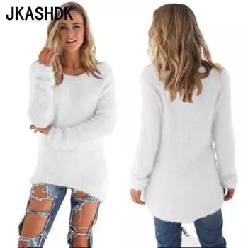 JKASHDK Женская мода Повседневный Осень Зима Однотонный Принт Длинный Рукав О-Образным Вырезом Свитера S белый
