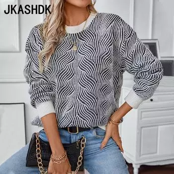 JKASHDK Женская мода Повседневный Осень Зима Полосатый Принт Длинный Рукав О-Образный Вырез Свитеры S чёрный