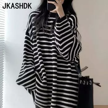 JKASHDK Женская мода Повседневный Осень Зима Полосатый Принт Длинный Рукав О-Образный Вырез Свитеры Average code чёрный