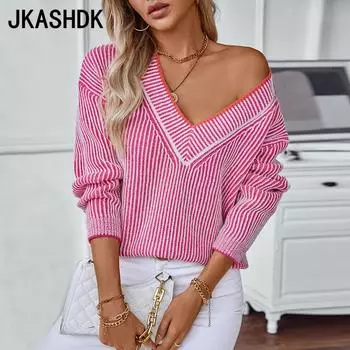 JKASHDK Женская мода Повседневный Осень Зима Полосатый Принт Длинный Рукав V-образный Вырез Свитера S розы красного