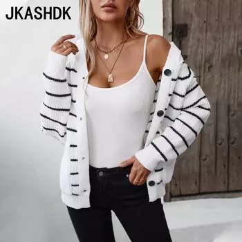 JKASHDK Женская мода Повседневный Осень Зима Полосатый Принт Длинный Рукав С Капюшоном Свитеры S белый