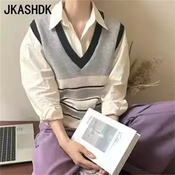 JKASHDK Женская мода Повседневный Осень Зима Полосатый Принт Без Рукавов V-образный Вырез Свитера One size fits all серый