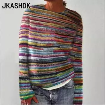 JKASHDK Женская мода Повседневный полосатый принт Осень Зима Длинный рукав О-образный вырез Свободные свитера S