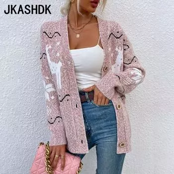 JKASHDK Женская мода Повседневный свитер осень-зима с длинным рукавом и V-образным вырезом S розовый