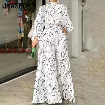 JKASHDK Женская мода весна осень геометрический принт длинный рукав висячий воротник повседневные платья S чёрный