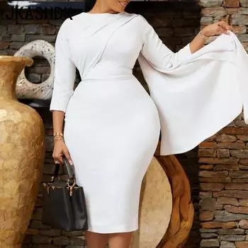 JKASHDK женская мода весна осень однотонный принт плюс размер рукава 3/4 с круглым вырезом и высокой талией повседневные платья S белый