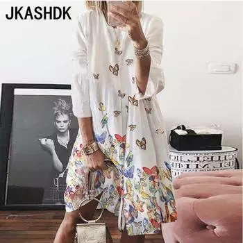 JKASHDK Женская мода весна осень принт длинный рукав О-образный вырез высокая талия повседневные платья S слоновая кость