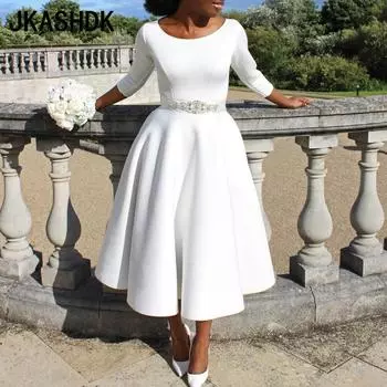 JKASHDK Женские модные летние и весенние однотонные коктейльные и вечерние платья с рукавами 3/4 и круглым вырезом с высокой талией