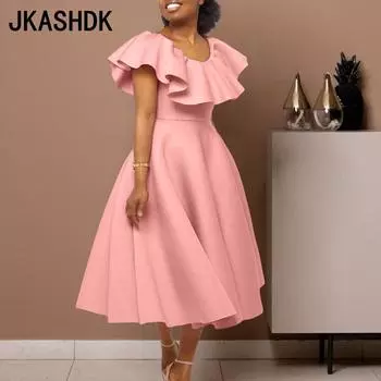 JKASHDK Женские модные летние весенние однотонные коктейльные и вечерние платья с коротким рукавом и круглым вырезом с высокой талией S белый