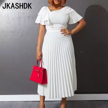 JKASHDK женские модные летние весенние однотонные повседневные платья с коротким рукавом и круглым вырезом с высокой талией и принтом S белый