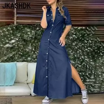 JKASHDK женские модные летние весенние однотонные повседневные платья с короткими рукавами и принтом поло со средней талией S темно-синий