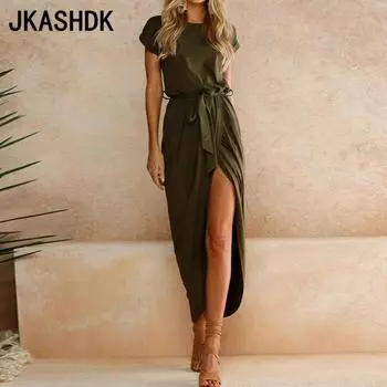 JKASHDK женские модные летние весенние однотонные повседневные платья с коротким рукавом и круглым вырезом со средней талией и принтом S розовый