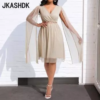 JKASHDK женские модные летние весенние однотонные повседневные платья с длинным рукавом и v-образным вырезом с высокой талией и принтом S темно-синий