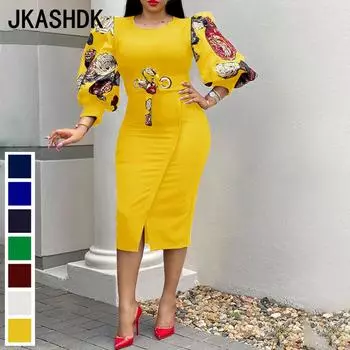JKASHDK женские модные летние весенние повседневные платья больших размеров с цветочным узором и рукавами 3/4, круглым вырезом и высокой талией