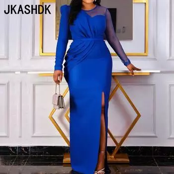 JKASHDK Женские модные однотонные коктейльные и вечерние платья с длинным рукавом и круглым вырезом с высокой талией S красный