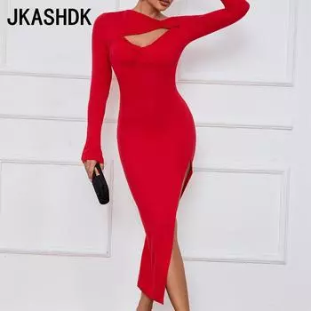 JKASHDK Женские модные однотонные коктейльные и вечерние платья с длинным рукавом и круглым вырезом со средней талией S красный