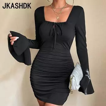 JKASHDK женские модные осенне-зимние однотонные коктейльные и вечерние платья с длинным рукавом и квадратным воротником с высокой талией S чёрный