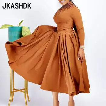 JKASHDK Женские модные осенне-зимние однотонные коктейльные и вечерние платья с длинным рукавом и высоким воротом и высокой талией S коричневый