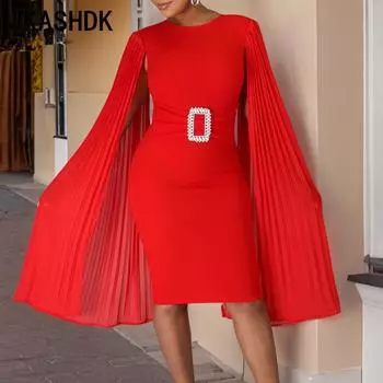 JKASHDK женские модные осенне-зимние однотонные коктейльные и вечерние платья с длинным рукавом и круглым вырезом с высокой талией S зелёный