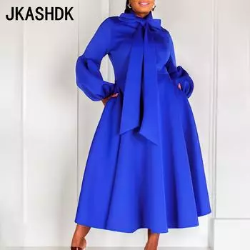 JKASHDK женские модные осенне-зимние однотонные коктейльные и вечерние платья с длинным рукавом и высокой талией S синий