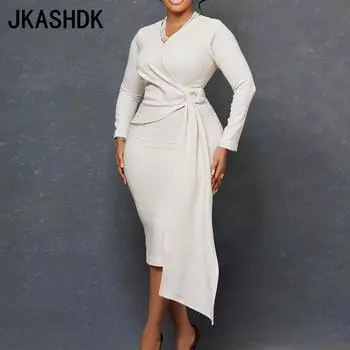 JKASHDK Женские модные осенне-зимние однотонные повседневные платья с v-образным вырезом и высокой талией больших размеров, большие размеры S жёлтый