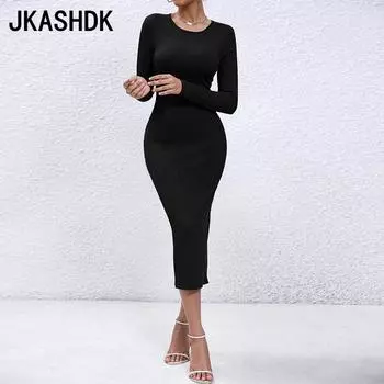 JKASHDK женские модные осенне-зимние однотонные повседневные платья с длинным рукавом и круглым вырезом со средней талией и принтом S чёрный
