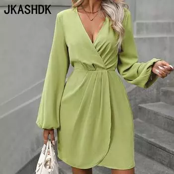 JKASHDK Женские модные осенне-зимние однотонные повседневные платья с длинным рукавом и v-образным вырезом и высокой талией S жёлтый