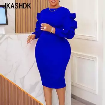 JKASHDK Женские модные осенне-зимние однотонные повседневные платья с длинным рукавом и круглым вырезом с высокой талией JKASHDK S чёрный