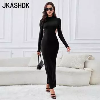JKASHDK женские модные осенне-зимние однотонные повседневные платья с длинным рукавом и круглым вырезом со средней талией и принтом S чёрный