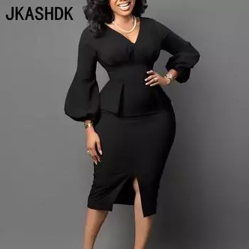 JKASHDK женские модные осенне-зимние однотонные принты с длинным рукавом и v-образным вырезом с высокой талией, повседневные коктейльные и вечерние платья S белый