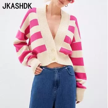 JKASHDK женские модные повседневные цветные блоки с принтом осень-зима с длинными рукавами и v-образным вырезом свободные свитера S зелёный