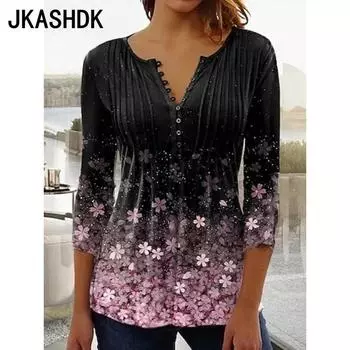 JKASHDK Женские модные повседневные летние весенние блузки и рубашки с цветочным узором и рукавами 3/4 с v-образным вырезом S