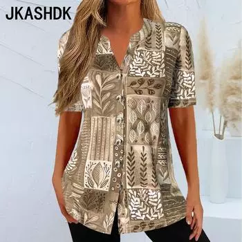 JKASHDK Женская мода Повседневная Летняя Весна Принт Короткие рукава V-образный вырез Блузки и рубашки S хаки