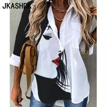 JKASHDK Женские модные повседневные летние весенние блузки и рубашки-поло с длинным рукавом и принтом S