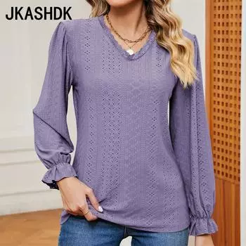 JKASHDK женские модные повседневные летние весенние однотонные свободные блузки и рубашки с длинными рукавами и v-образным вырезом, пуловеры S белый