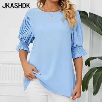 JKASHDK Женские модные повседневные летние весенние однотонные блузки и рубашки с круглым вырезом и рукавами 1/2 с принтом