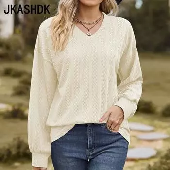 JKASHDK женские модные повседневные летние весенние однотонные свободные блузки и рубашки с длинным рукавом и v-образным вырезом с принтом S чёрный