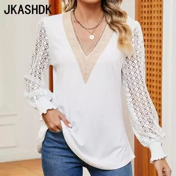 JKASHDK женские модные повседневные летние весенние однотонные блузки и рубашки с длинными рукавами и v-образным вырезом с принтом S чёрный