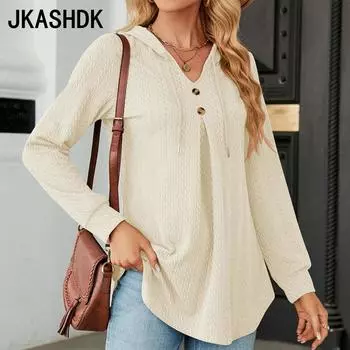 JKASHDK женские модные повседневные летние весенние однотонные блузки и рубашки с длинными рукавами и v-образным вырезом с принтом S чёрный