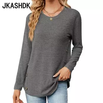 JKASHDK женские модные повседневные летние весенние однотонные блузки и рубашки с круглым вырезом и длинными рукавами с принтом S темно-серого
