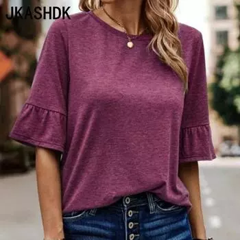 JKASHDK Женские модные повседневные летние весенние однотонные блузки и рубашки с круглым вырезом и рукавами 1/2 с принтом S чёрный