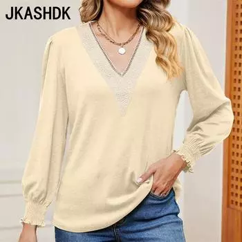 JKASHDK женские модные повседневные летние весенние однотонные кружевные блузки с v-образным вырезом и длинными рукавами с принтом, блузки и рубашки S чёрный